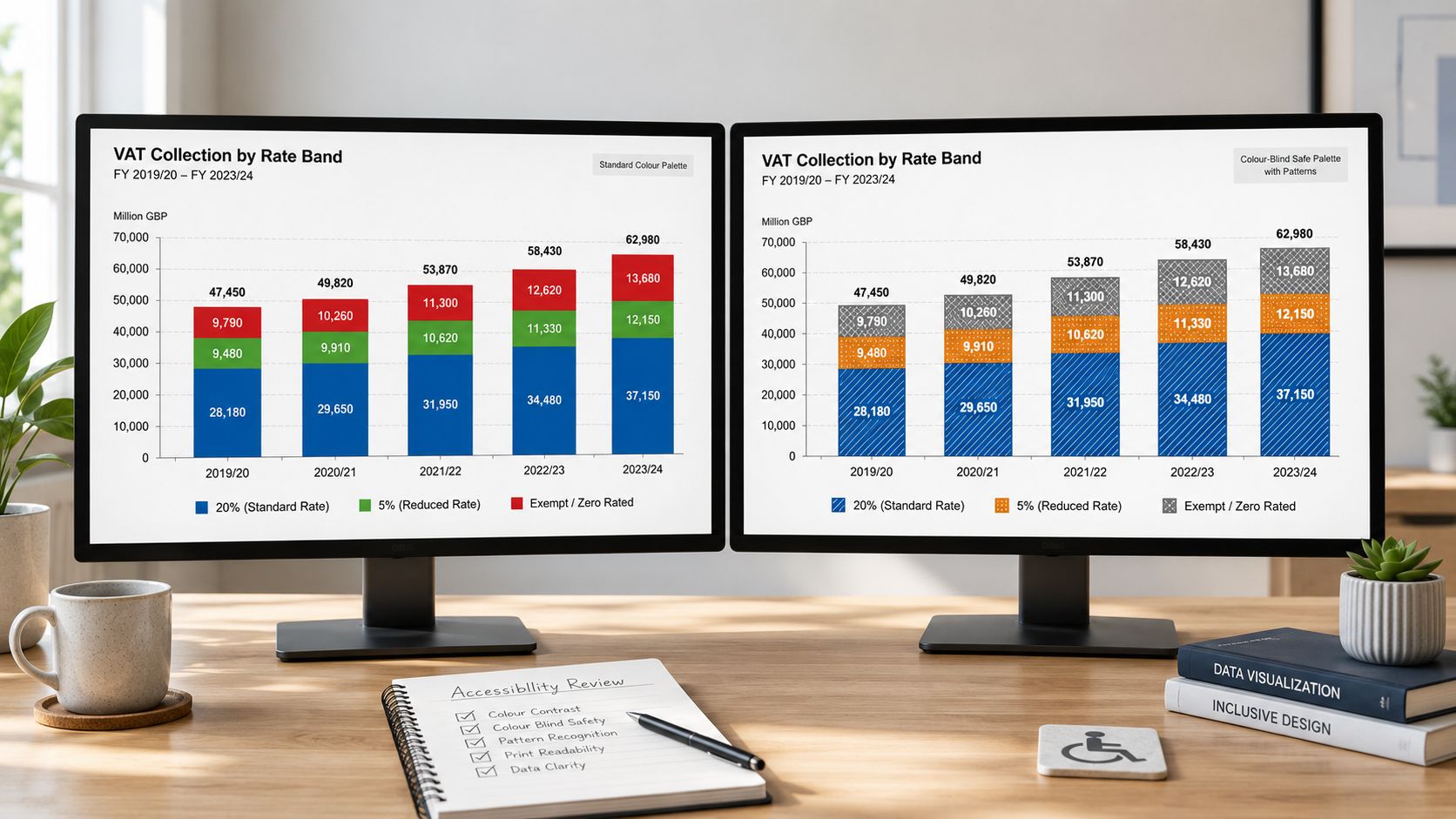 Two computer monitors side-by-side displaying the same VAT collection data using different color palettes and accessibility patterns.