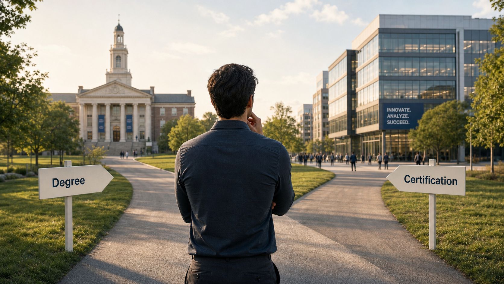 A man standing at a fork in the road choosing between pursuing a university degree or professional certification.