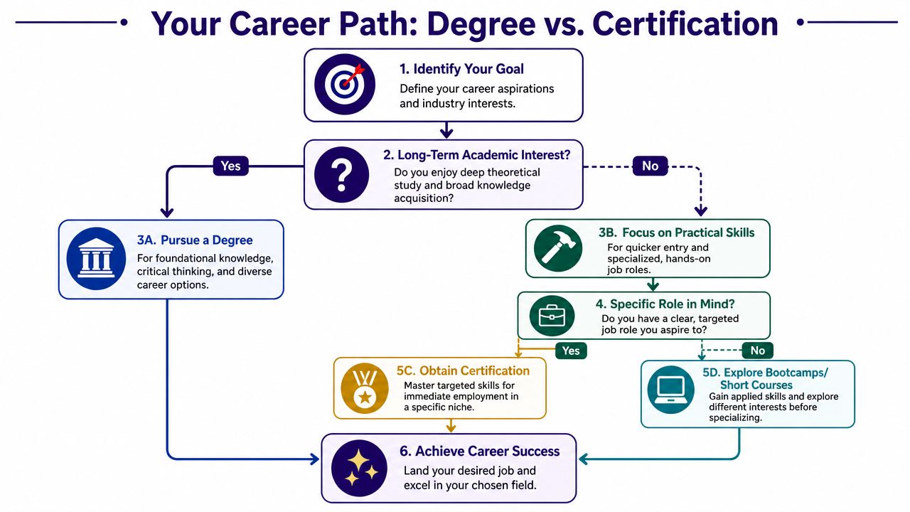 A flowchart titled Your Career Path: Degree vs. Certification, guiding users through decision-making for career and education choices.
