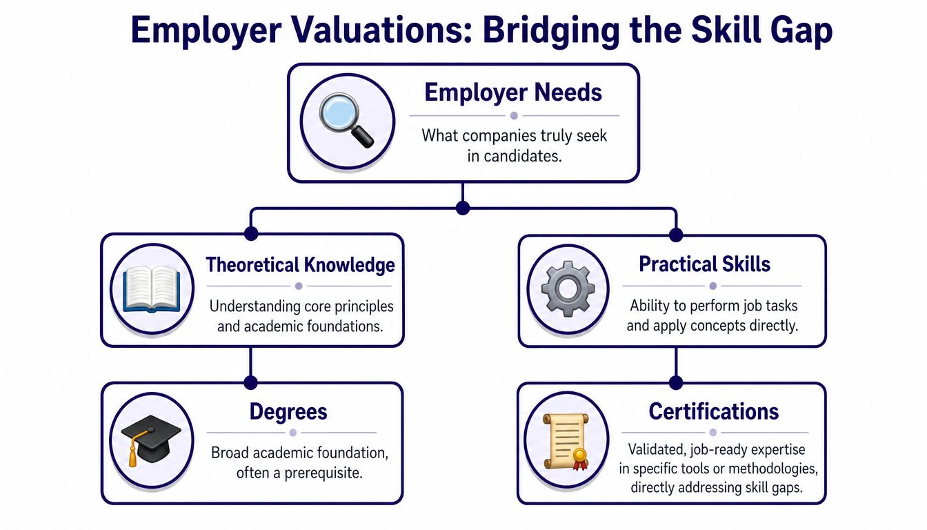 A diagram illustrating how degrees and certifications bridge the skill gap between theoretical knowledge and practical employer needs.
