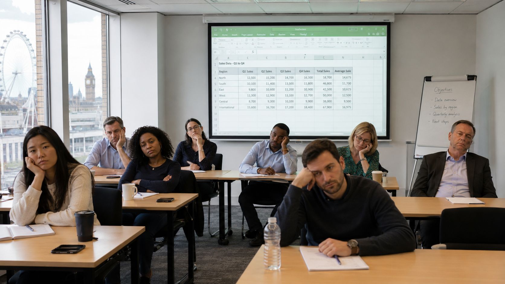A group of diverse professionals attending an excel training session in a modern office overlooking London.
