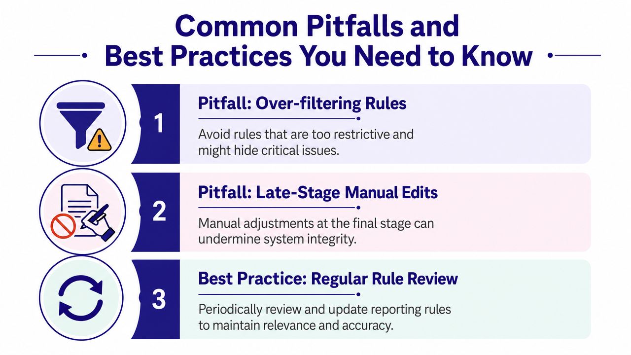 A diagram outlining common pitfalls and best practices for exception reporting and automated business rule management.
