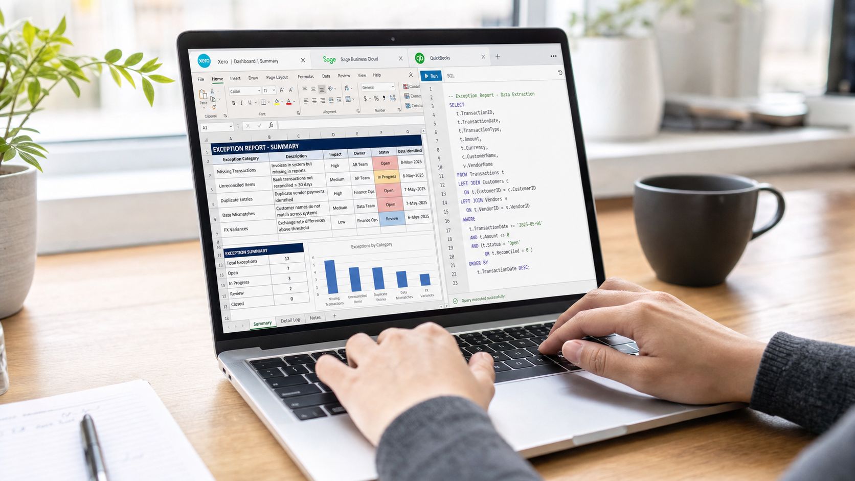 A professional working on a laptop, viewing financial exception reports and SQL code in a spreadsheet interface.