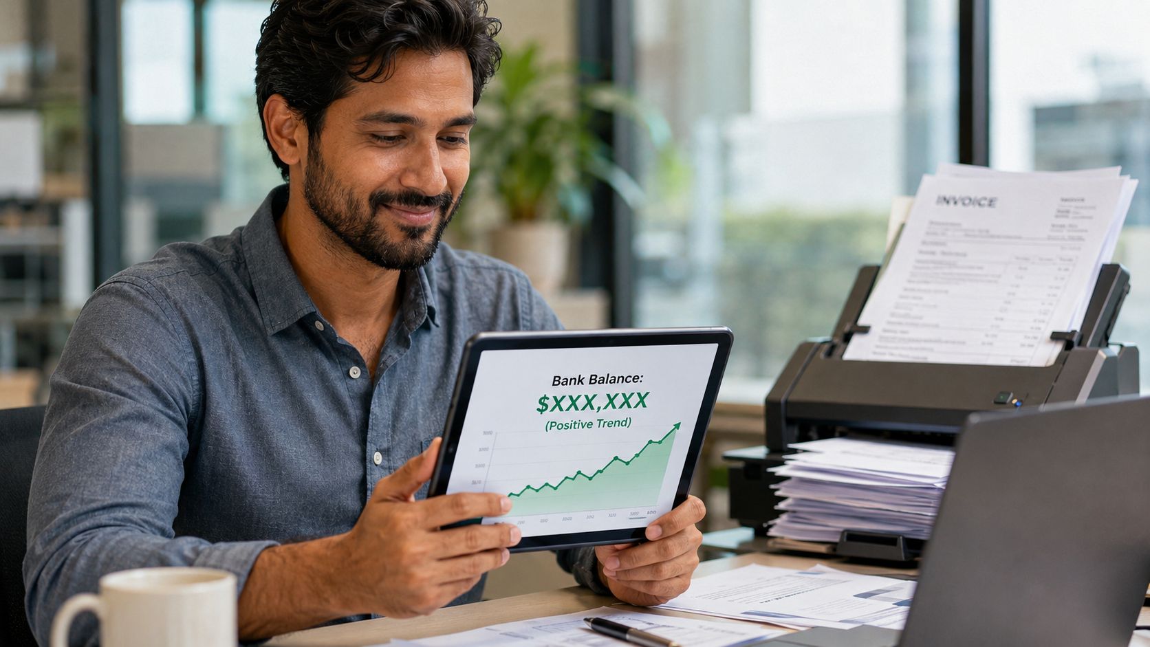 A smiling businessman holding a tablet showing a positive financial growth trend chart in an office.