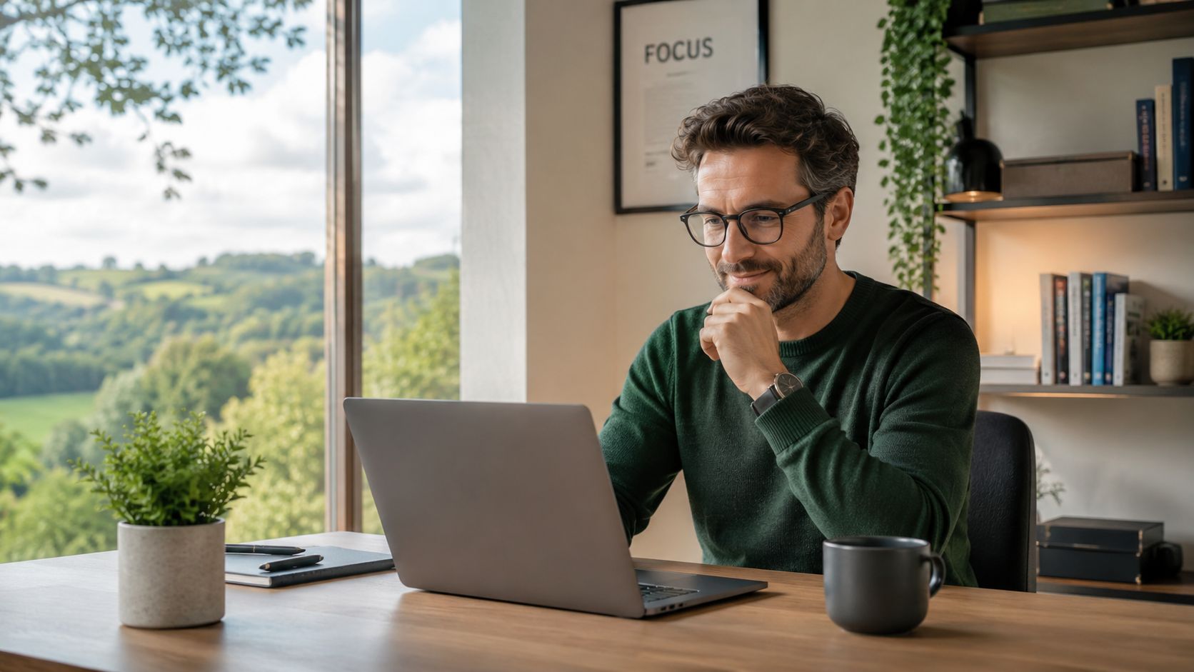 A professional man with glasses working on a laptop at a desk in a bright home office.