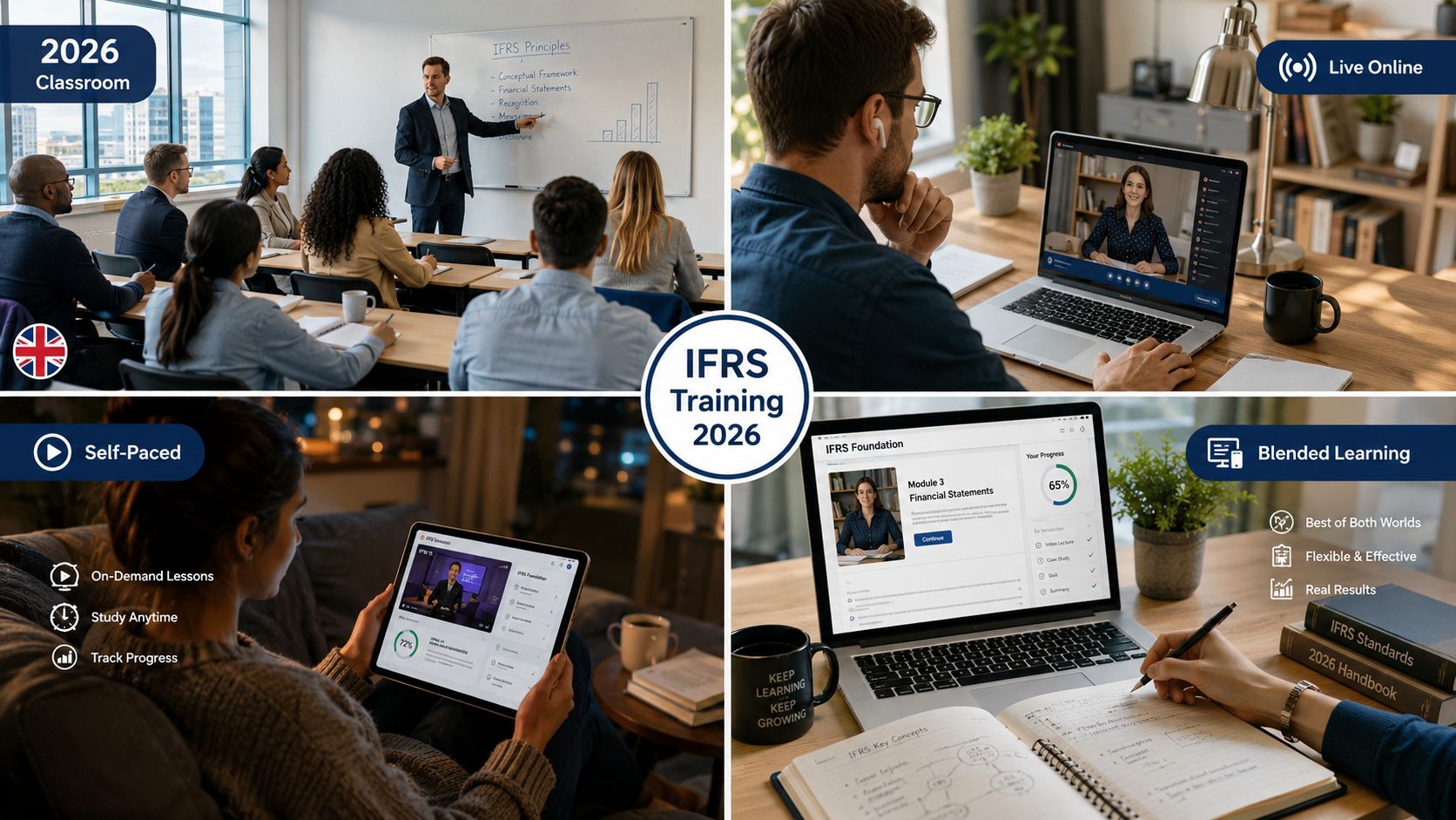 A collage showing diverse IFRS training methods including classroom learning, live online classes, self-paced study, and blended learning.