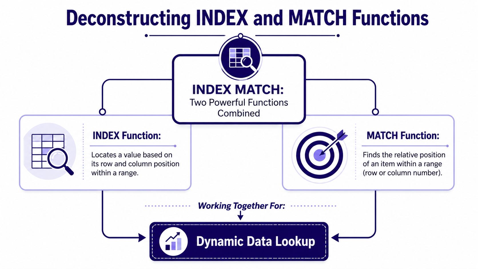 An infographic explaining how the INDEX and MATCH functions work together in Excel for dynamic data lookup.