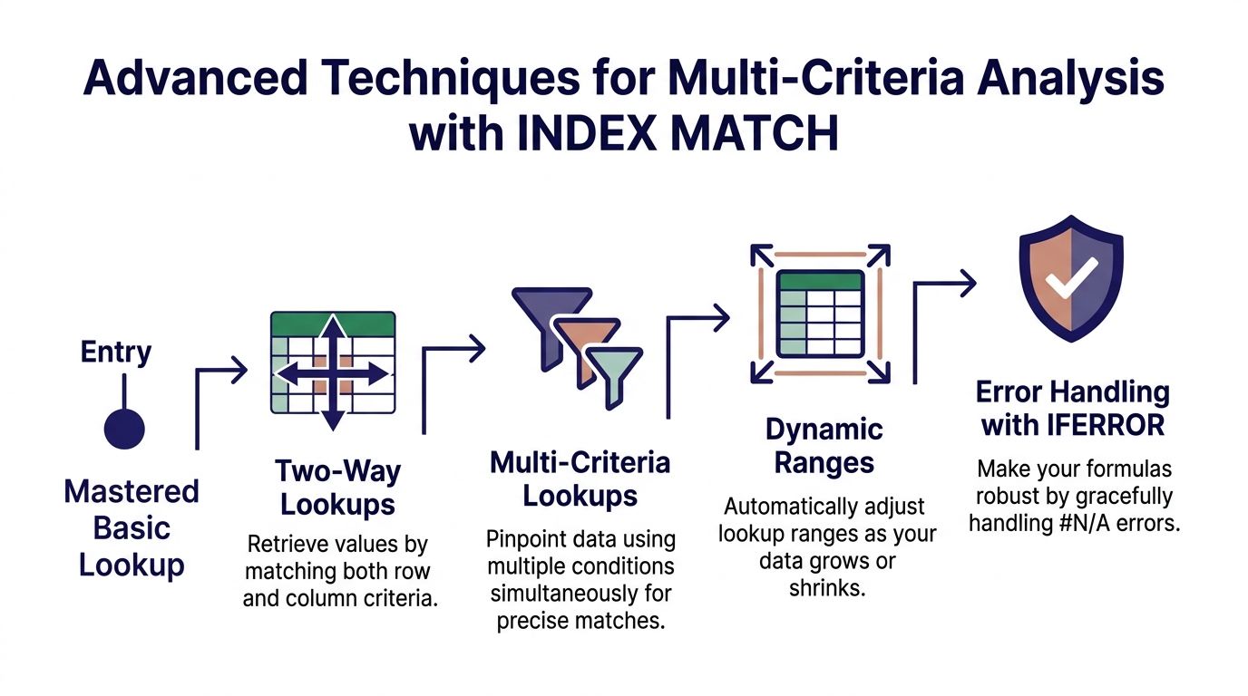 A diagram illustrating advanced Excel techniques for multi-criteria analysis using INDEX and MATCH functions.