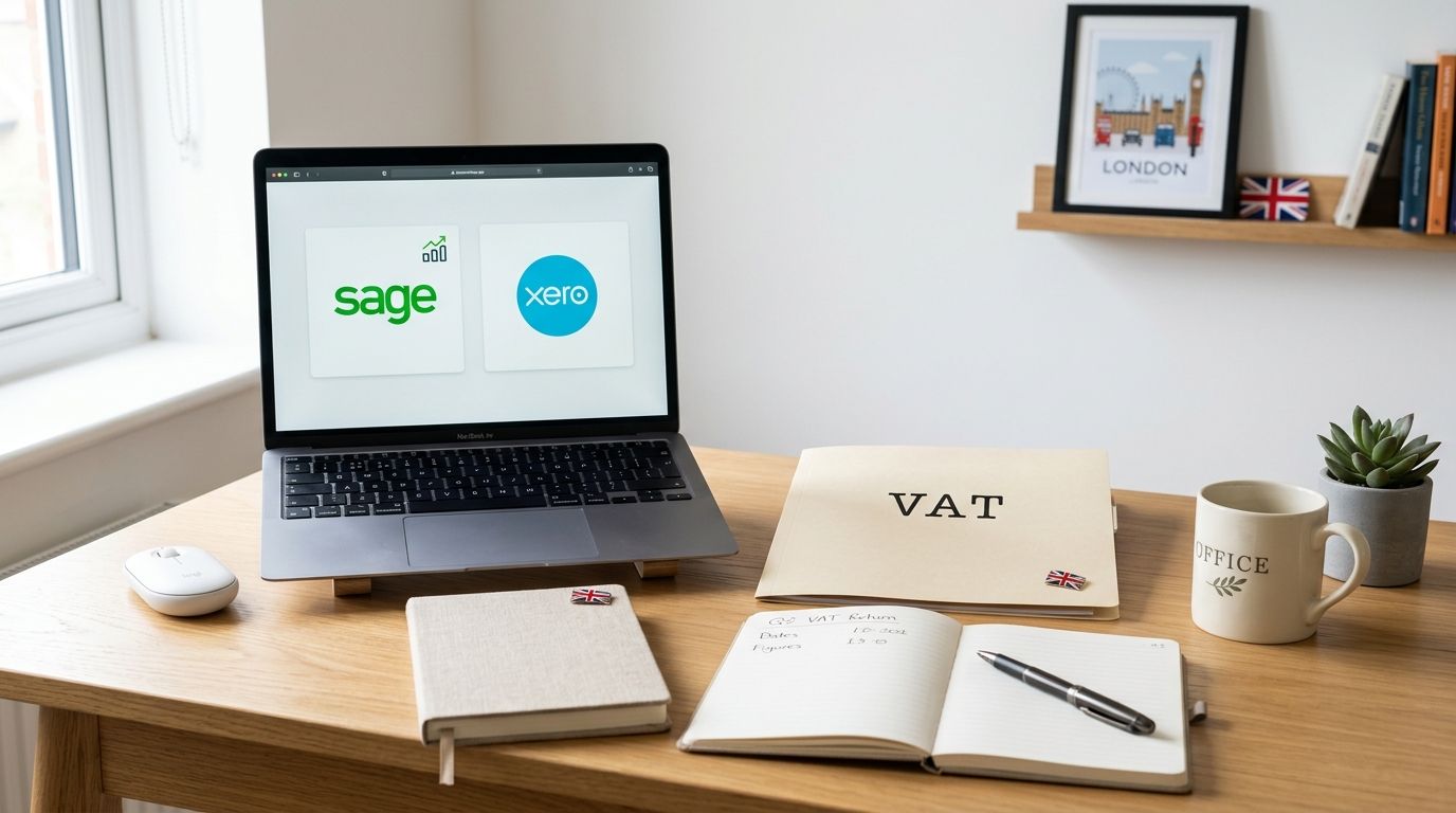 A modern desk workspace featuring a laptop showing accounting software logos, a notebook, and office supplies.