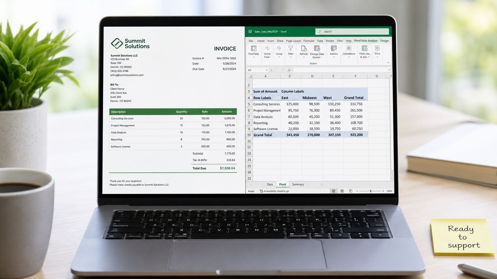 A laptop on a wooden desk showing an invoice document and an Excel pivot table analysis.