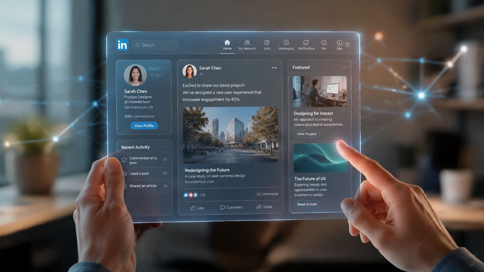 A person interacting with a futuristic, transparent digital interface displaying a professional LinkedIn user profile.