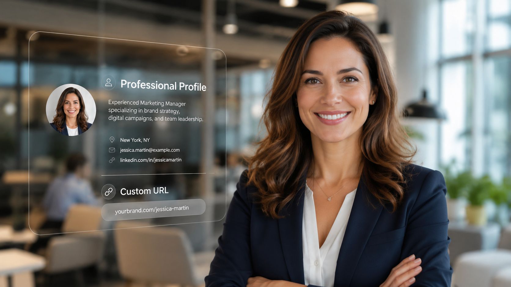 A professional woman in a business suit smiling beside a digital overlay showing her professional profile details.