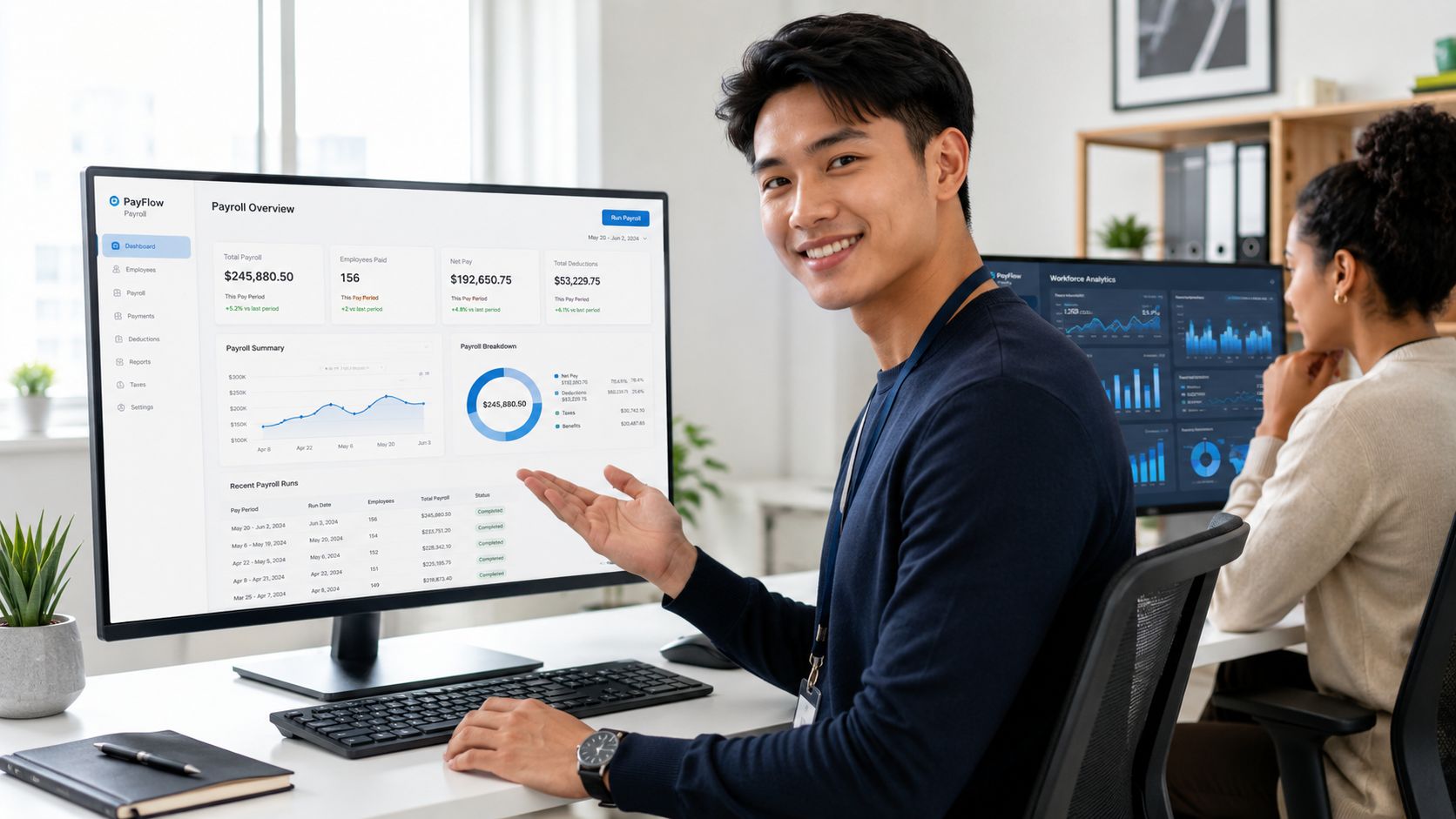A professional man gesturing towards a computer screen displaying payroll analytics in a modern office environment.