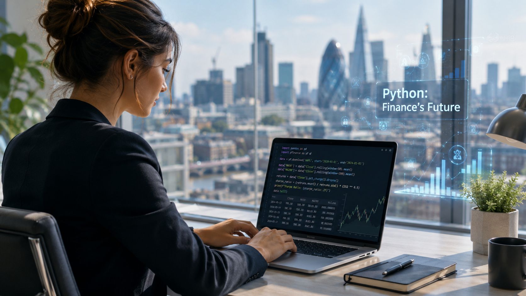 A professional woman working on a laptop displaying Python code in a modern office overlooking a city skyline.