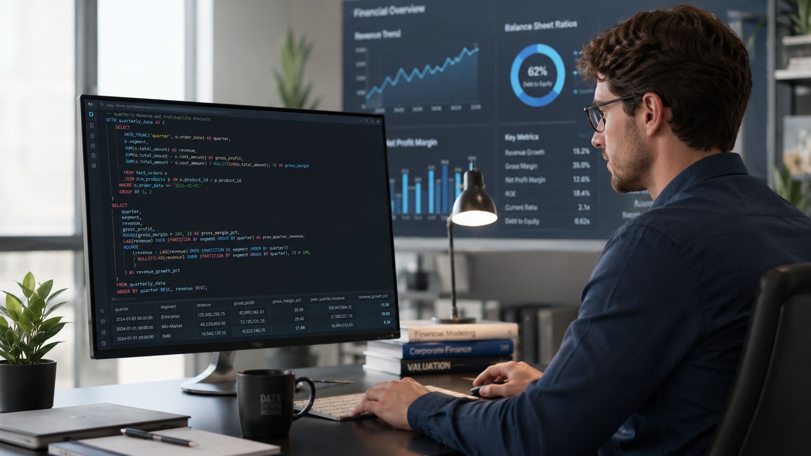 A professional developer analyzing SQL database queries on a computer monitor in a modern office environment.