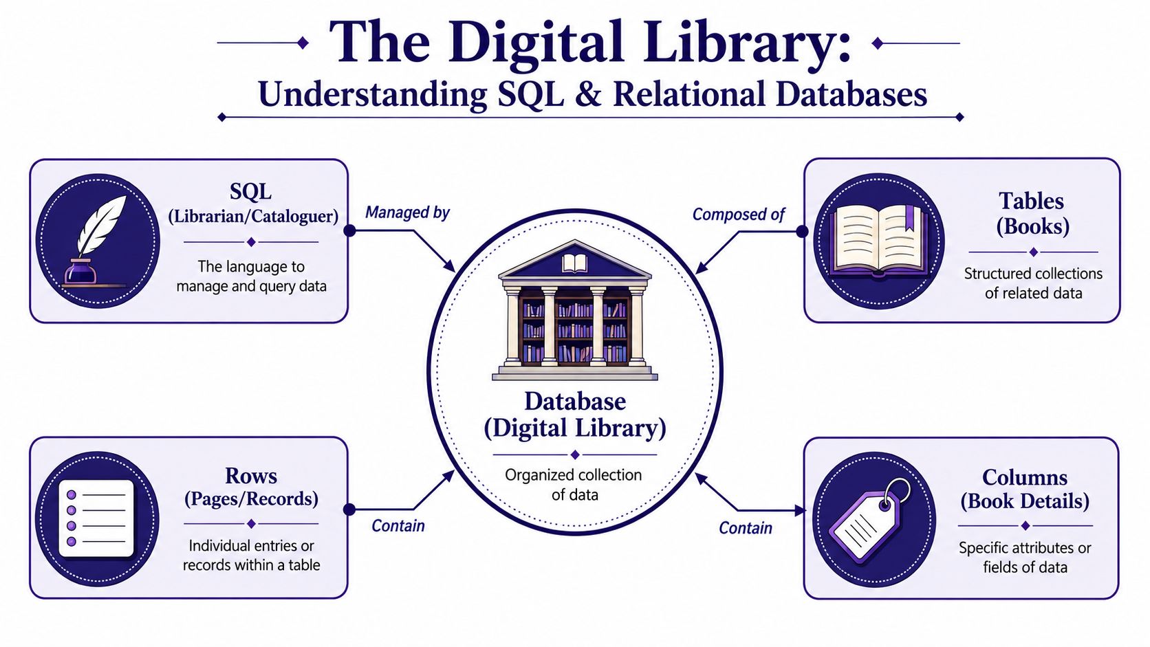 A diagram explaining relational databases and SQL concepts using a digital library analogy with four main components.