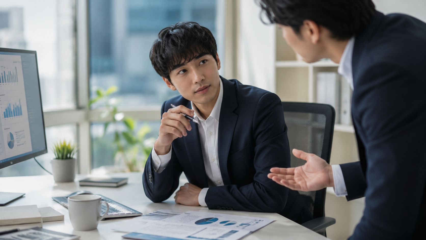 A professional man listens intently to his colleague during a business meeting in a modern office.