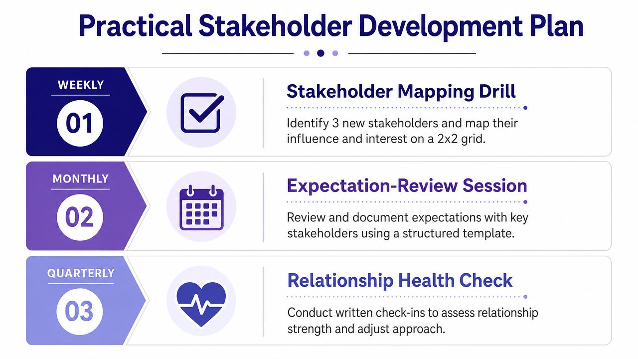 A visual guide outlining a three-step practical stakeholder development plan for weekly, monthly, and quarterly activities.