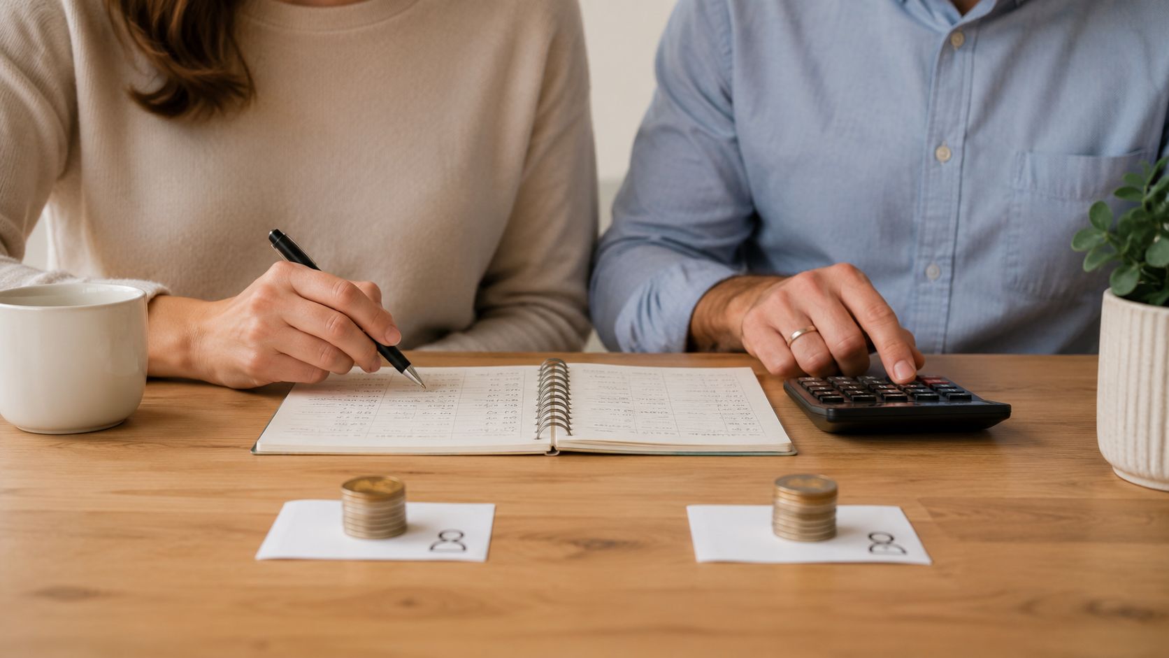 A couple sits at a wooden table managing their finances with a calculator, notebook, and coin stacks.