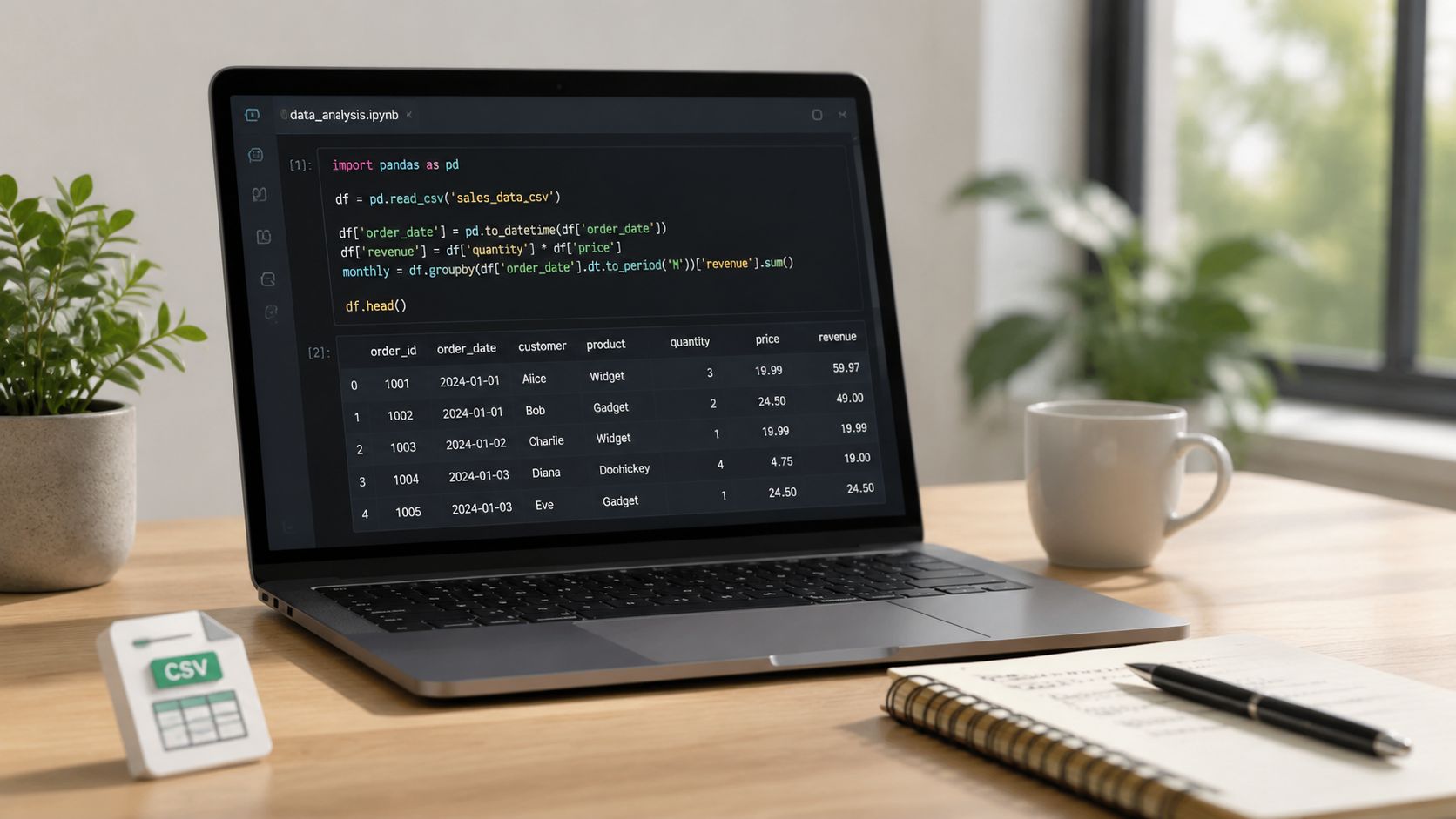 A laptop on a wooden desk displaying Python code for data analysis next to a coffee mug.