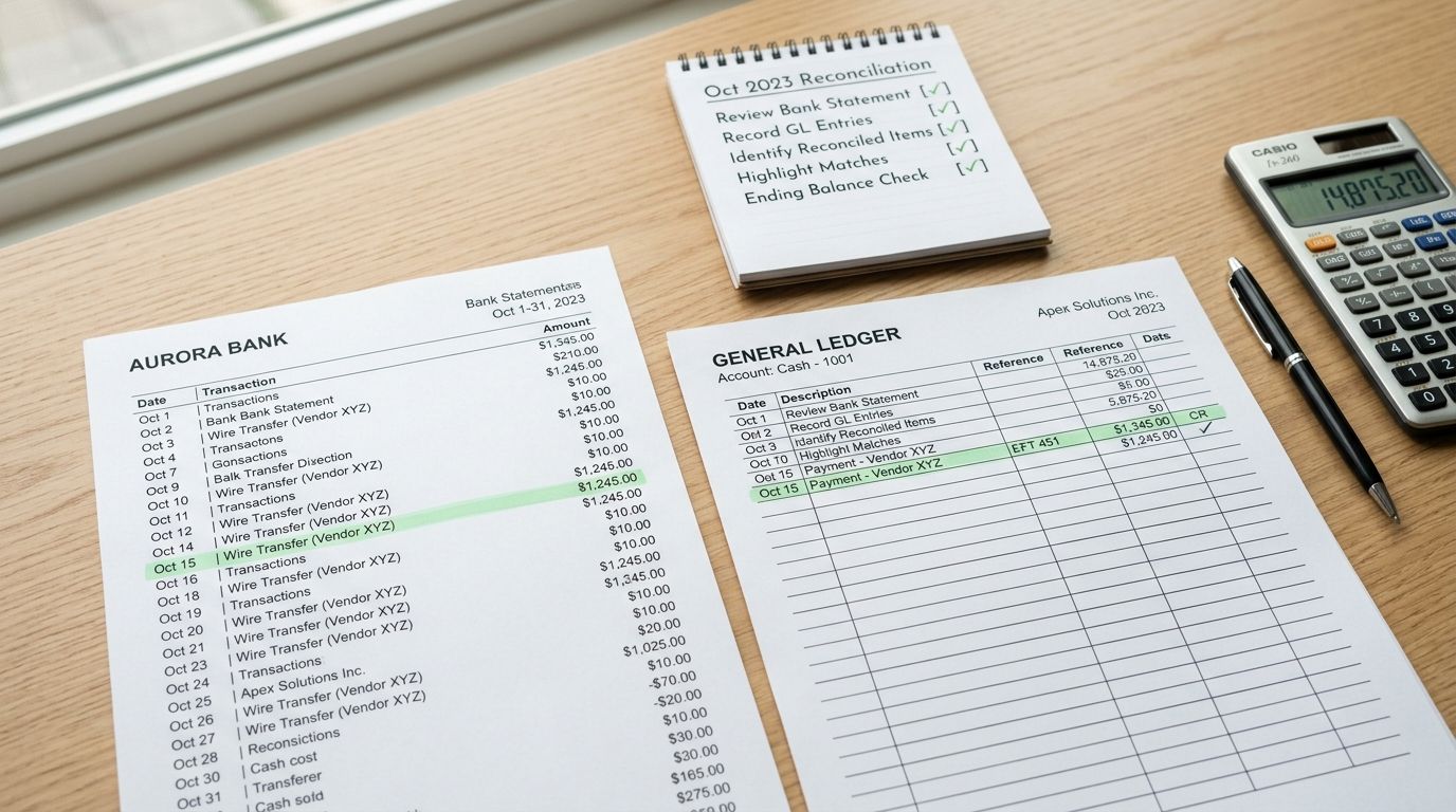 A professional desk workspace displaying financial reconciliation documents, bank statements, a general ledger, and a calculator.