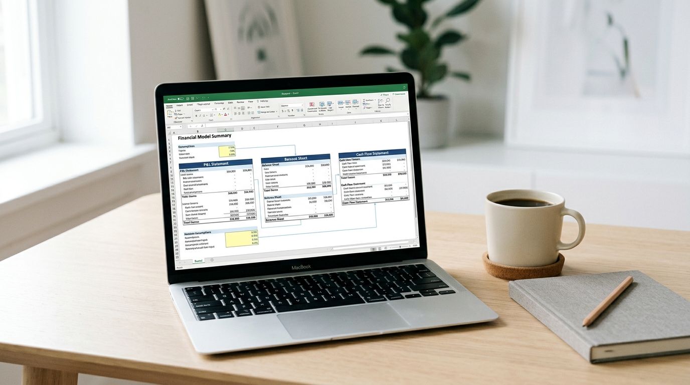 A MacBook displaying a financial model spreadsheet on a clean wooden desk with a coffee mug.