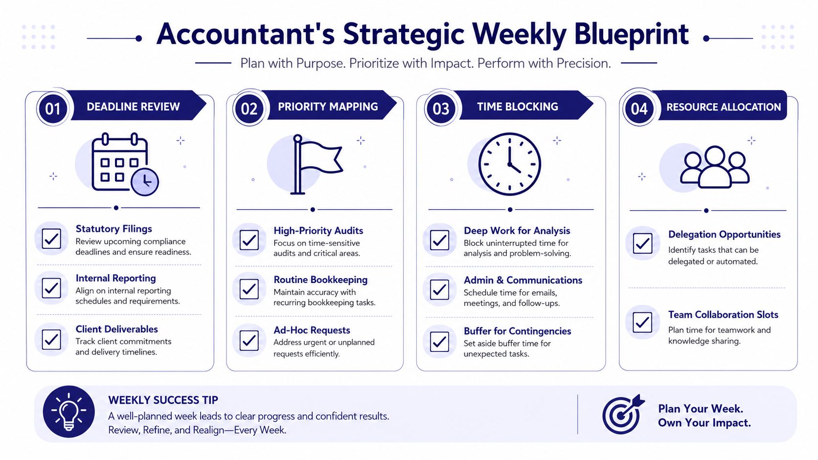 A strategic weekly blueprint infographic for accountants featuring steps for deadline review, priority mapping, time blocking, and resource allocation.