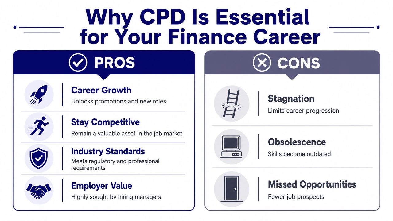 An infographic comparing the pros and cons of continuous professional development for careers in the finance sector.