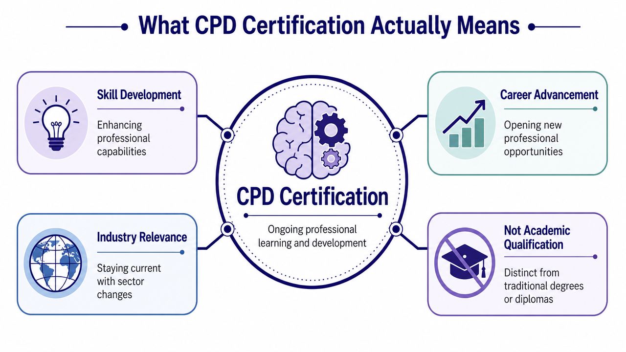 An infographic titled What CPD Certification Actually Means, highlighting benefits like skill development and career advancement.
