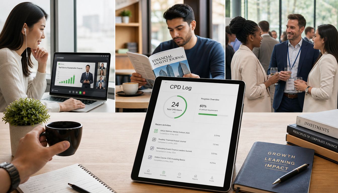 A person uses a digital tablet to track CPD hours, showing various professional development activities on screen.