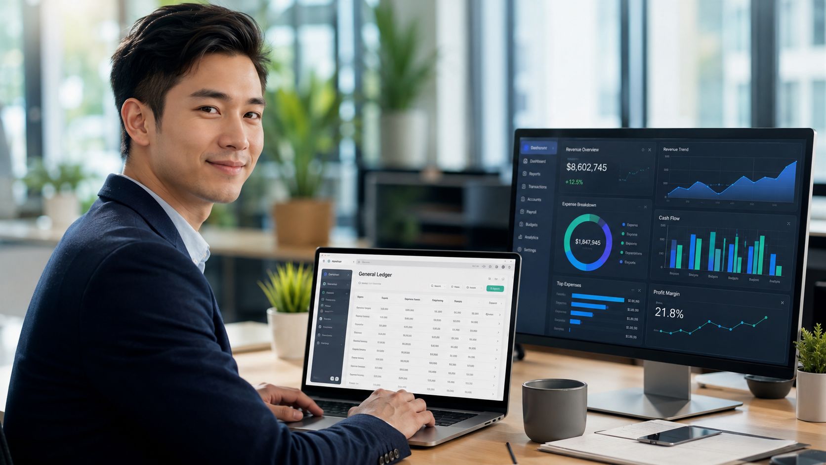 A professional man in a business suit working on financial charts on his laptop and computer screen.