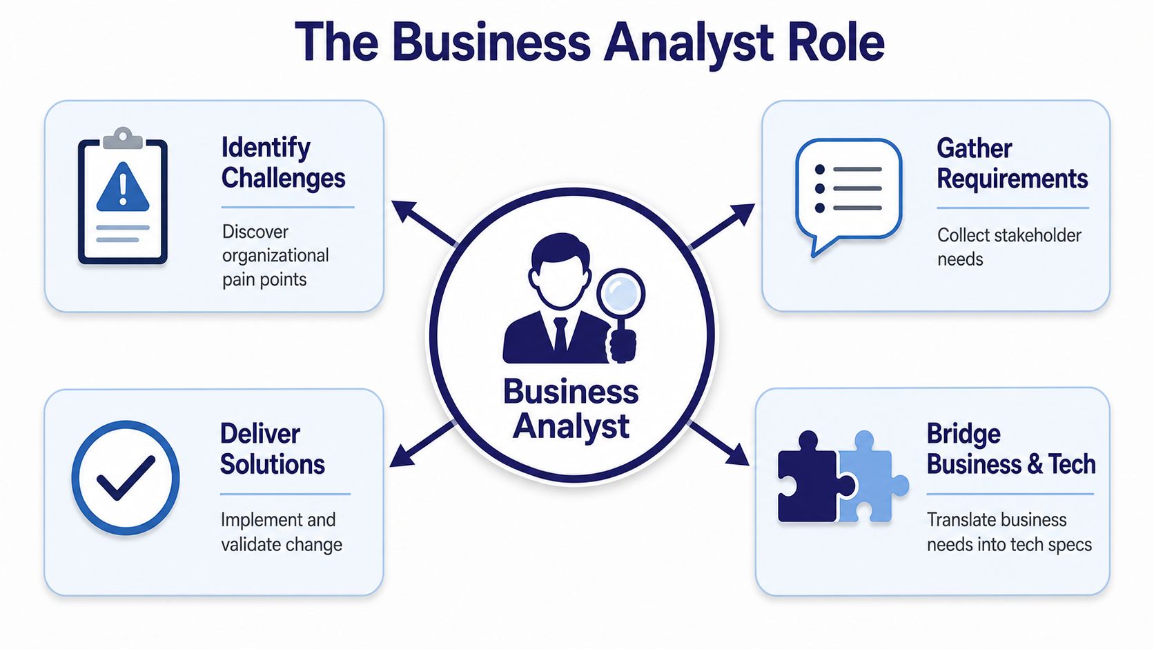 A diagram illustrating the four key responsibilities of a business analyst within an organization.