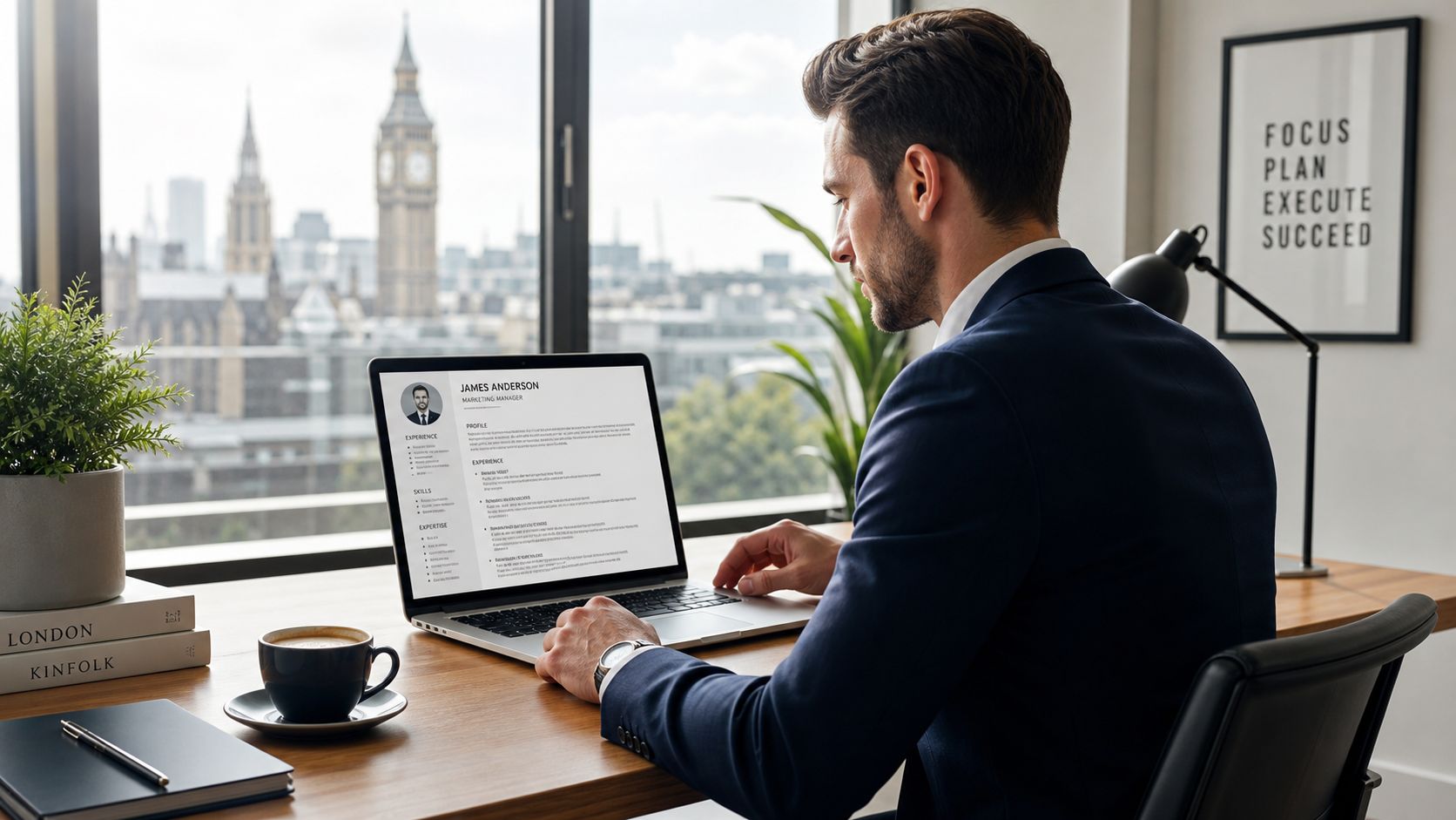 A professional man in a suit working on a job application on his laptop in a London office.