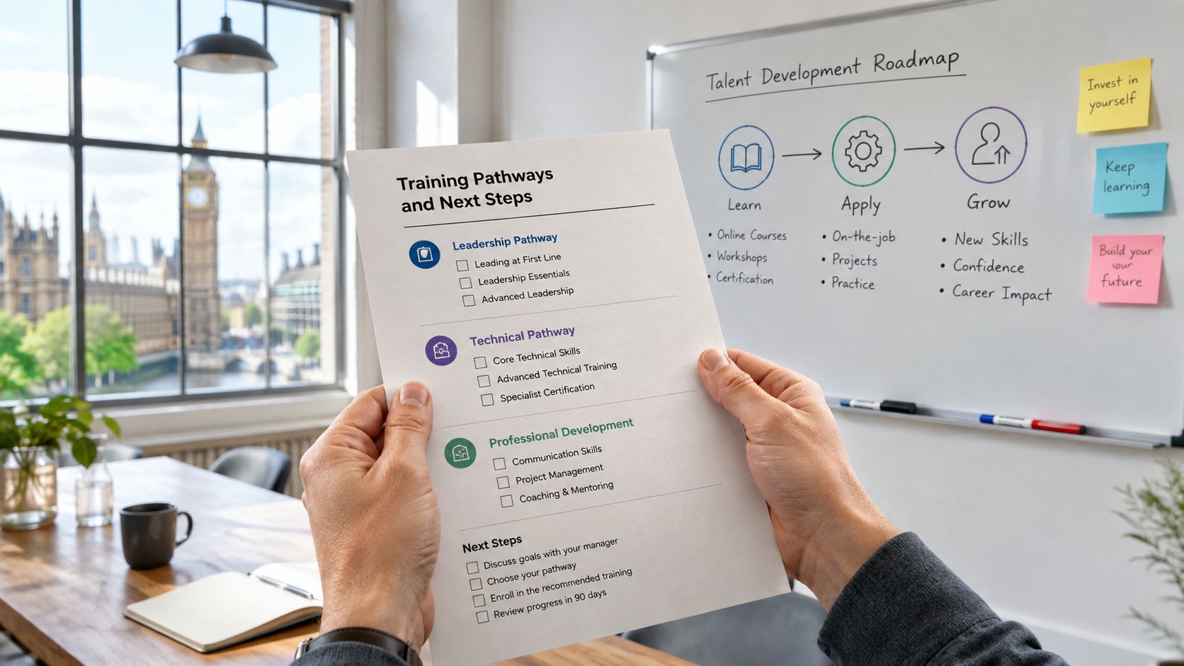 A person holding a document outlining professional training pathways and career development steps in an office.
