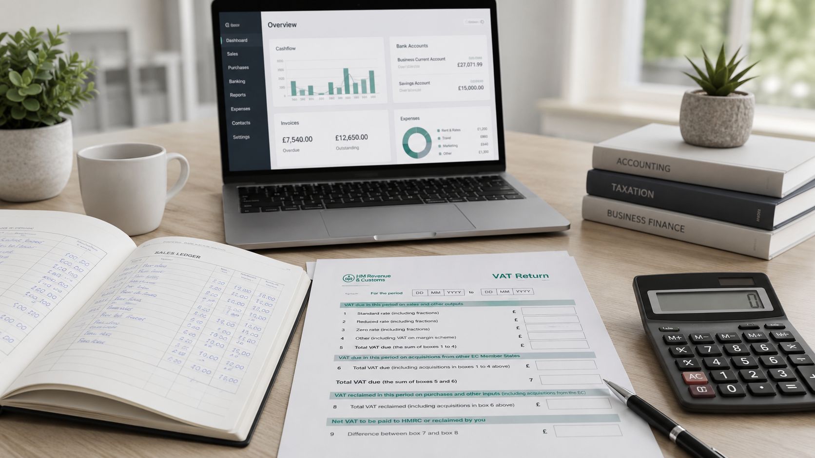A professional home office workspace with a laptop, calculator, VAT return form, and ledger on a wooden desk.