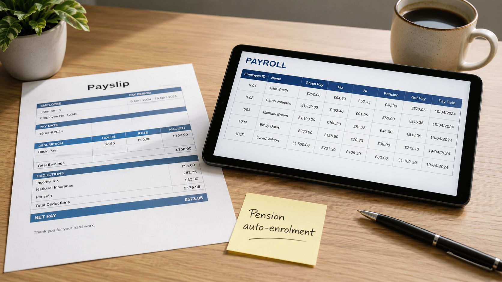 A professional desk setup featuring a payroll tablet, a physical payslip, and a sticky note reminding about pension auto-enrolment.